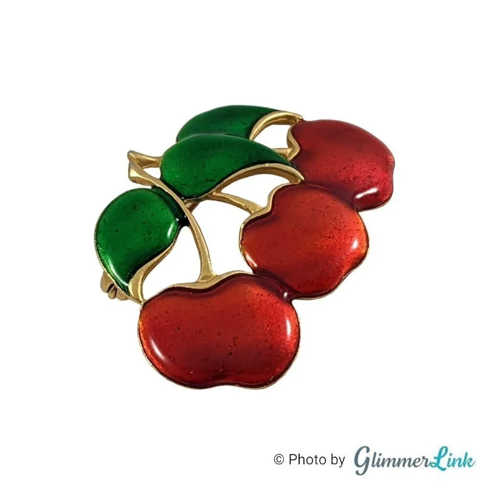 Vintage Three Cherries Enamel Gold Tone Brooch
